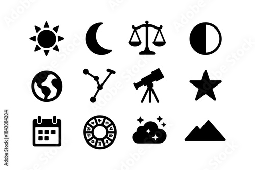 Minimalist astronomy and astrology icon set featuring celestial and earthly symbols