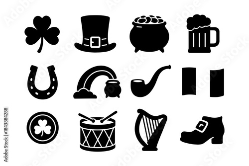 St. patrick's day icon set: irish symbols in black silhouette style