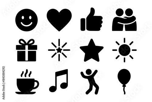 Minimalist icon set: emoticons, symbols, and everyday objects for modern designs