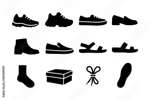 Silhouette shoe icons collection: sneakers, boots, sandals, and accessories