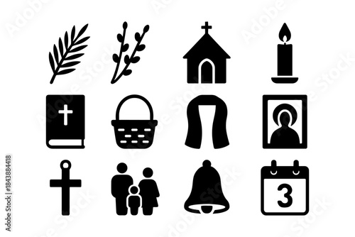 Easter symbols set: church, cross, candle, bible, palm, family, bell