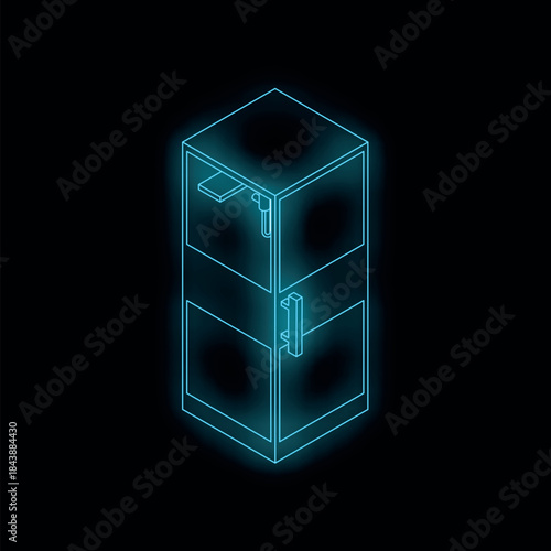 Neon light painting of refrigerator, symbolizing food preservation and modern kitchen appliances, on a dark background