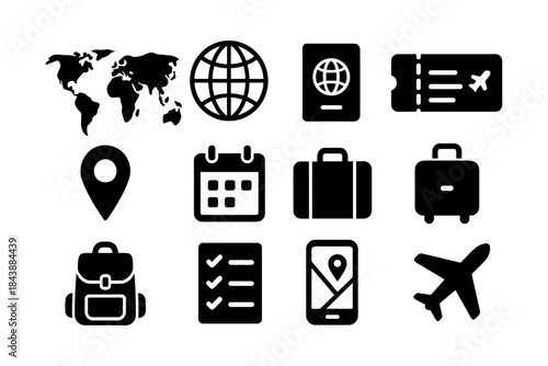 Travel essentials icons set: silhouette symbols for international journeys