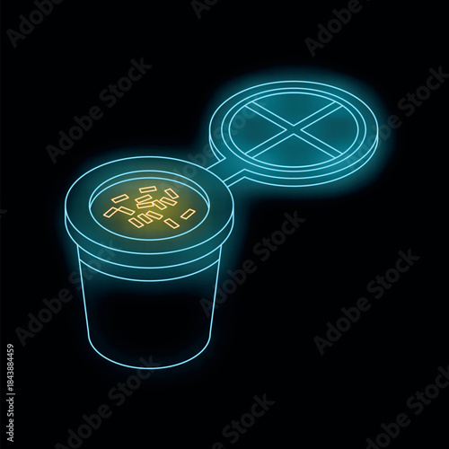 Single serve coffee pod with coffee grounds and lid, glowing neon blue and gold on black background