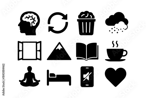 Silhouette icons of mental health, nature, and daily life