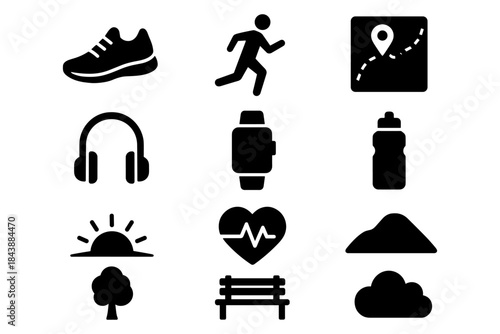 Fitness and outdoor activity icons collection in bold silhouette style for health enthusiasts