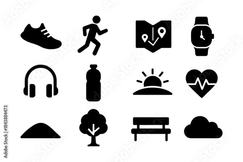 Fitness and outdoor activity icons in minimalistic silhouette style for active lifestyles