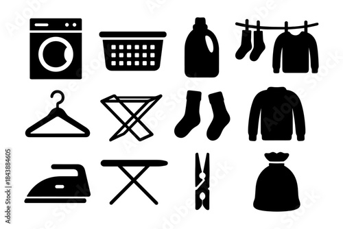 Essential laundry icons: minimalistic black silhouettes for cleaning and organizing