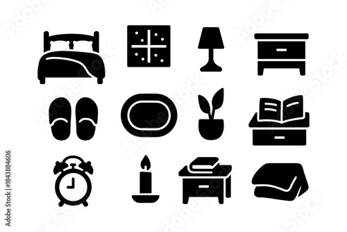 Essential bedroom icons set: home décor and furniture collection in silhouette style