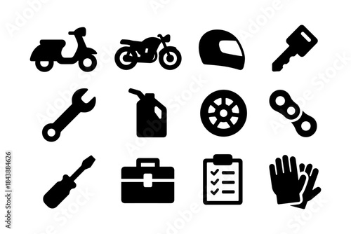Seamless black silhouette icons of motorcycle tools and accessories collection