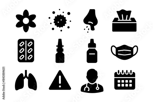 Silhouette icons for allergy symptoms and prevention: masks, medication, and more