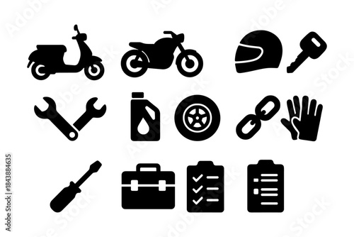 Silhouette icons of motorbike essentials and tools for repair and maintenance