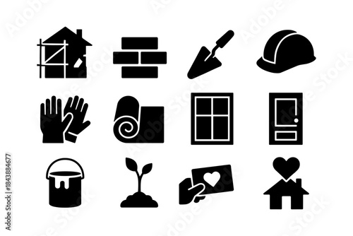 Construction and renovation icons: tools, safety, and building elements in silhouette design