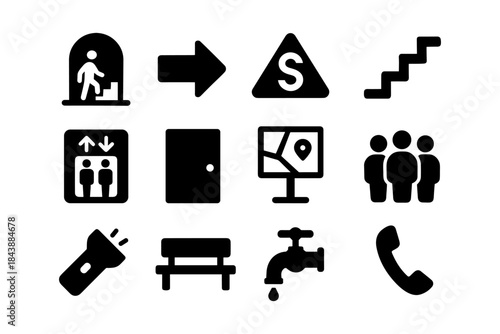 Essential black pictograms: icons for navigation, safety, and communication