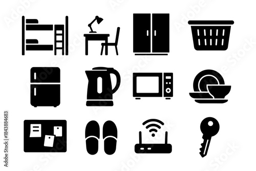 Essential household icons set featuring furniture and appliances in simple black silhouette style