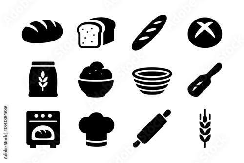 Bread and baking icons: simple black silhouettes of bakery essentials and tools