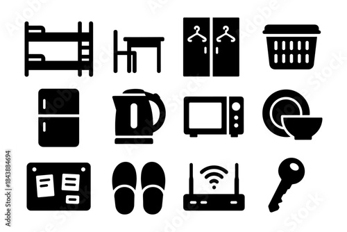 Essential dorm room silhouette set: furniture, appliances, and accessories