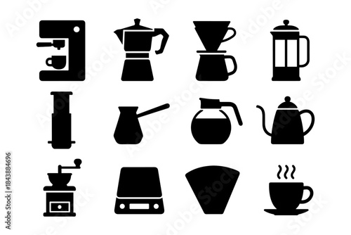 Silhouette icons of coffee makers and accessories for cafe design