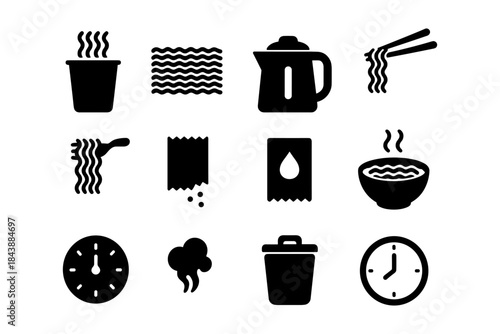 Silhouette icons of instant noodles and cooking essentials for quick meals