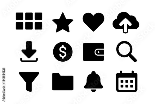 Silhouette icons set: cloud, download, search, wallet, calendar, more