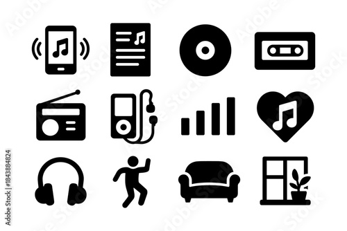 Retro music and technology icons: silhouette collection of classic devices and symbols