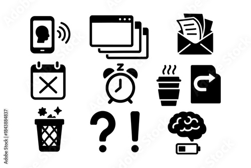 Minimalist icon set: mobile, documents, alarm, calendar, coffee, brain, battery