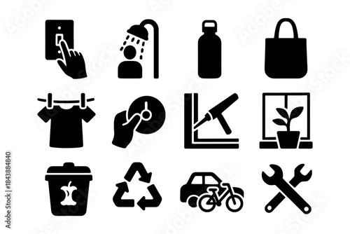 Essential icons for everyday life: energy, water, recycling, transport, tools, and more