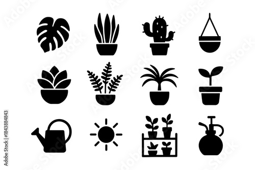 Silhouette icons of indoor plants and gardening tools for home decor trends