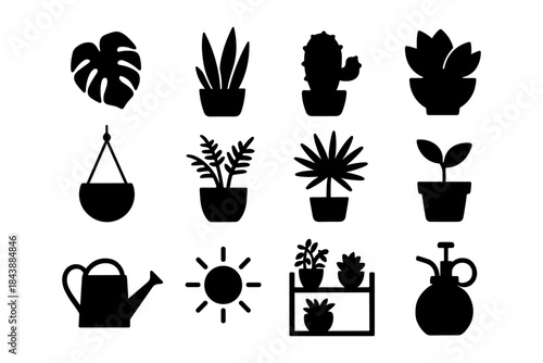 Collection of potted plant silhouettes with gardening tools