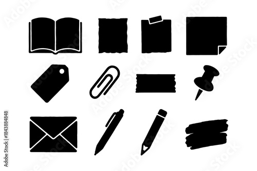 Silhouette icons of office and stationery supplies for creative projects