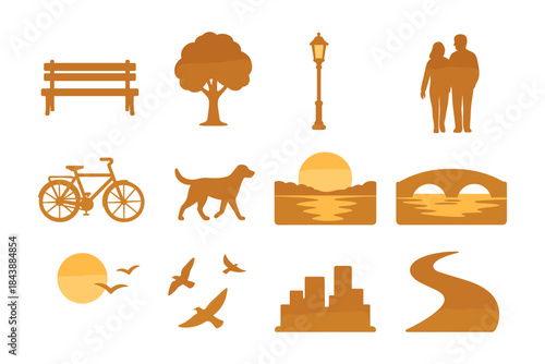 Silhouette icons of park life with trees, people, and nature elements