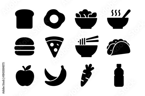 Silhouette icons of popular foods and drinks: bread, pizza, noodles, and more