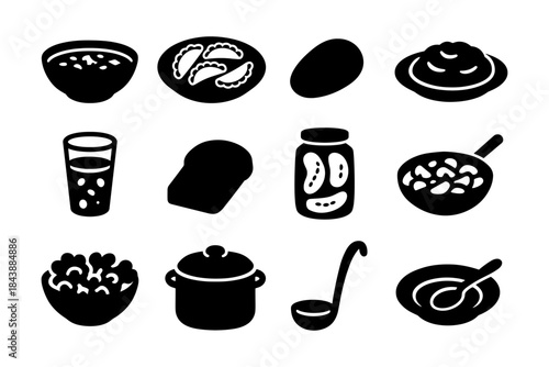 Silhouette icons of diverse food items and kitchenware