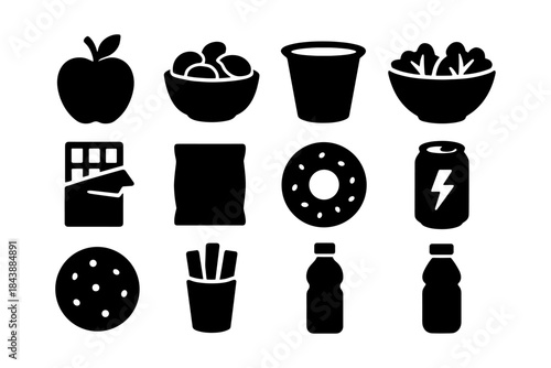 Silhouette icons of popular snacks and drinks for modern designs