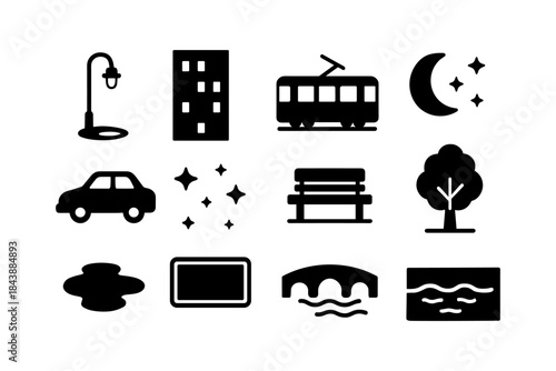 Urban night elements set featuring silhouette icons of cityscape, transport, and nature