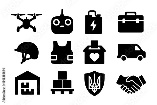 Silhouette icons of delivery, safety gear, and drones for e-commerce and logistics