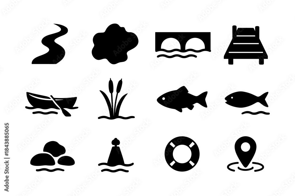 Fototapeta premium River and lake icons: nature silhouettes featuring boat, bridge, and wildlife elements