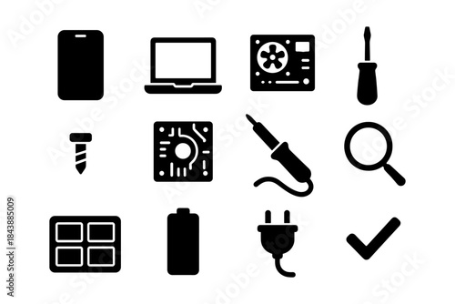 Silhouette icons of computer components and tools for repair and technology