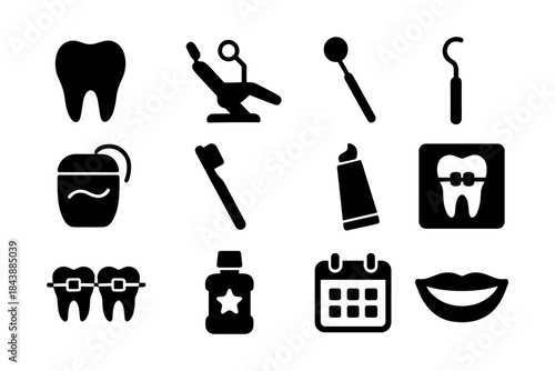 Dental care icons set featuring tools, hygiene products, and teeth health symbols
