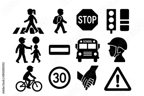 Traffic safety icons: kids, pedestrian, and bicycle signals for school zones