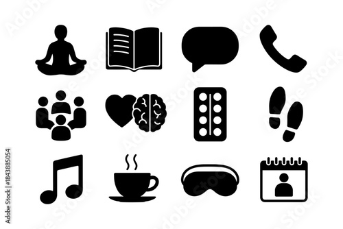 Set of black silhouette icons for meditation, communication, and daily activities