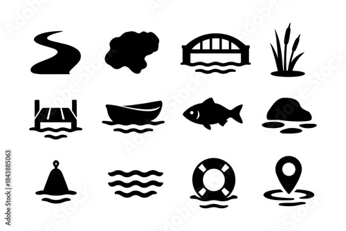River and lake icons set featuring watercraft and nature symbols in black silhouette style