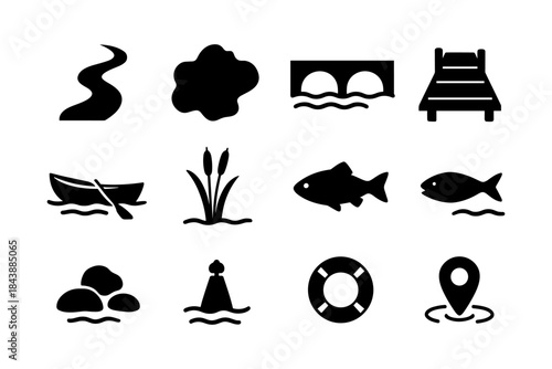 River and lake icons: nature silhouettes featuring boat, bridge, and wildlife elements