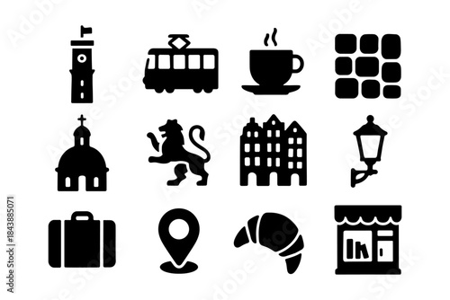 Silhouette icons of amsterdam landmarks: buildings, coffee, lion, bakery, tram