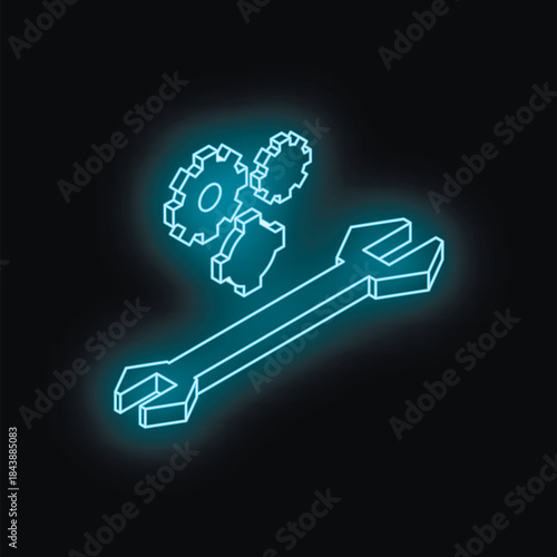 Glowing neon wrench and gears representing engineering, innovation, and technical expertise on a dark background
