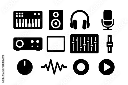 Sound equipment icons: keyboard, speaker, headphones, and more in black silhouette