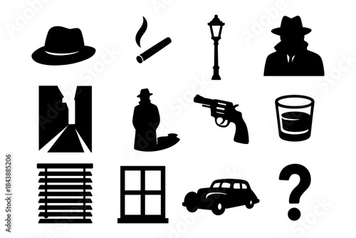 Classic noir elements: detective hat, smoking pipe, vintage car, and mysterious silhouettes