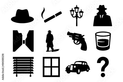 Classic noir elements in bold silhouette featuring detective icons and urban symbols