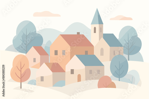 Tranquil pastel village scene with charming houses and church tower