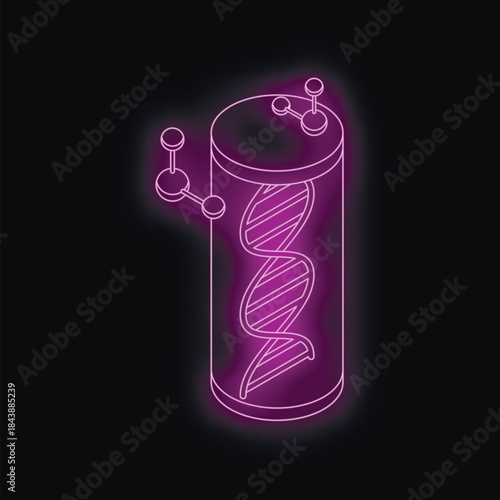 Neon purple dna double helix glowing inside a cylinder with molecules, representing genetic engineering, cloning, and gene editing
